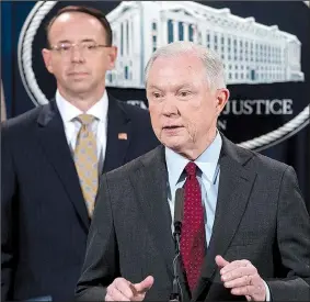  ?? AP/ANDREW HARNIK ?? Attorney General Jeff Sessions, accompanie­d at a news conference Thursday by Deputy Attorney General Rod Rosenstein, said, “I am totally confident that we can continue to run this office in an effective way.”