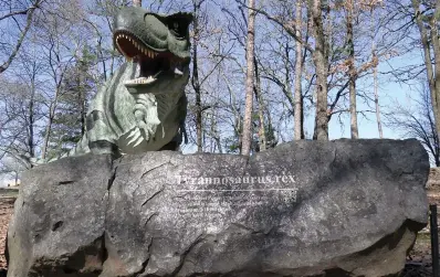  ?? The Sentinel-Record/Donald Cross ?? A statue of a Tyrannosau­rus Rex stands outside Mid-America Science Museum, welcoming visitors with a roar throughout the day as part of the museum’s Oaklawn Foundation Dinotrek.