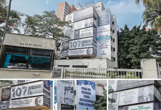  ?? FOTOS RÓBINSON SÁENZ ?? “No es ficción, es realidad” y “Respeta nuestro dolor, honra nuestras víctimas” son algunos de los mensajes que pueden leerse en la fachada del lugar de residencia de Escobar. En el transcurso de la semana se irán agregando más mensajes.