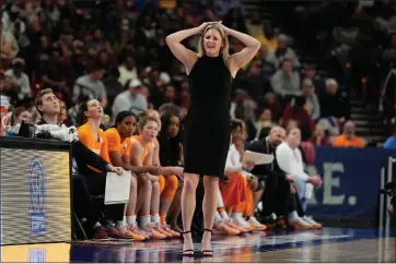  ?? CHRIS CARLSON — THE ASSOCIATED PRESS ?? Tennessee head coach Kellie Harper reacts during the second half of an NCAA college basketball game against South Carolina at the Southeaste­rn Conference women’s tournament, March 9, in Greenville, S.C.