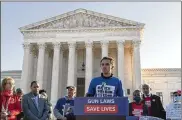  ?? JOSE LUIS MAGANA ?? Parkland survivor and activist David Hogg speaks at a rally Wednesday at the U.S. Supreme Court, which heard arguments in a gun rights case.