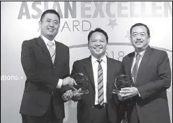  ??  ?? In photo are Howard Son from BDO Hong Kong branch (left) and Pedro Florescio III, BDO EVP and treasurer (right) receiving the awards from Aldrin Monsod, founder, managing director and publisher of Corporate Governance Asia.