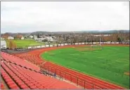  ??  ?? This photo shows a view of the start and finish line of what will become the Jerry Karver Track at Boyertown Area Senior High School’s Memorial Stadium