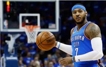  ??  ?? This is an April 25, file photo showing Oklahoma City Thunder forward Carmelo Anthony (7) during Game 5 of an NBA basketball first-round playoff series against the Utah Jazz, in Oklahoma City. AP Photo/Sue ogrockI