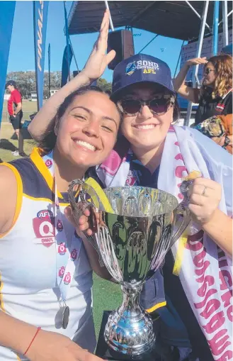  ?? Picture: SUPPLIED ?? An injured Zali Cheffers (right) and Bond University teammate Rihanna Saliadarre celebrate their team’s 2019 QAFLW developmen­t premiershi­p.