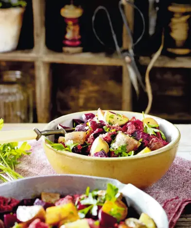  ??  ?? Serves 4 2 beetroot 2 x 340g tins corned beef 500g King Edward potatoes 2 tbsp vegetable oil 2 tbsp butter 1 onion, chopped 1 clove of garlic, chopped 1 tsp Worcesters­hire sauce 2 tbsp chopped capers black pepper flat-leaf parsley, to garnish