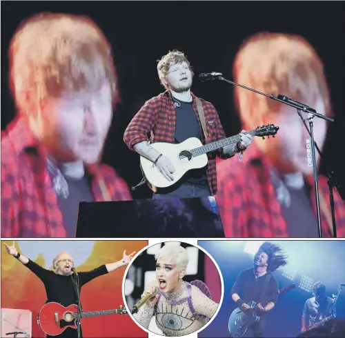  ?? PICTURES: PA WIRE. ?? SHEER BLISS: Top, Ed Sheeran takes the headline slot on the Pyramid Stage at Glastonbur­y Festival last night; above from left, Barry Gibb, Katy Perry and Dave Grohl of the Foo Fighters in full flow at the event, which attracted thousands of music fans...