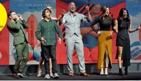  ?? — AP ?? Baywatch cast Zac Efron, (from left), Jon Bass, Dwayne Johnson, Alexandra Daddario and Priyanka Chopra interact with audience at CinemaCon 2017 at Caesars Palace, Las Vegas, on Tuesday.