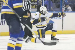  ?? DILIP VISHWANAT/GETTY IMAGES ?? Nashville Predators defenceman P.K. Subban celebrates a goal against the St. Louis Blues Wednesday in St. Louis.