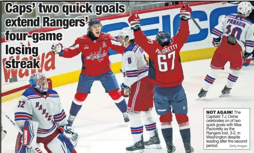  ?? Getty Images ?? NOT AGAIN! The Capitals’ T.J. Oshie celebrates on of two quick goals with Max Pacioretty as the Rangers lost, 3-2, in Washington despite leading after the second period.