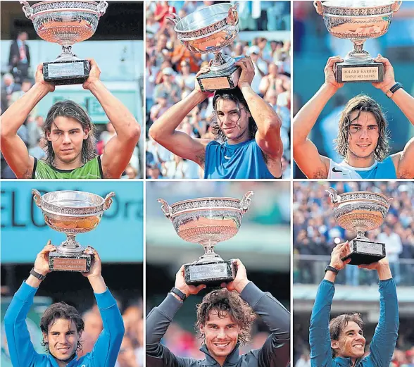  ??  ?? a los 32 años, rafael nNadal ya admite que tendrá un buen 2018 tras haber ganado en roland gGarros; en imagen, las diez conquistas anteriores