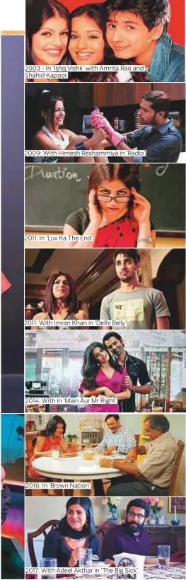  ?? Photos courtesy of Colors and supplied ?? 2003 - In ‘Ishq Vishk’ with Amrita Rao and Shahid Kapoor. 2009: With Himesh Reshammiya in ‘Radio’. 2011: In ‘Luv Ka The End’. 2011: With Imran Khan in ‘Delhi Belly’ 2014: With in ‘Main Aur Mr Right’. 2016: In ‘Brown Nation’. 2017: With Adeel Akthar in...