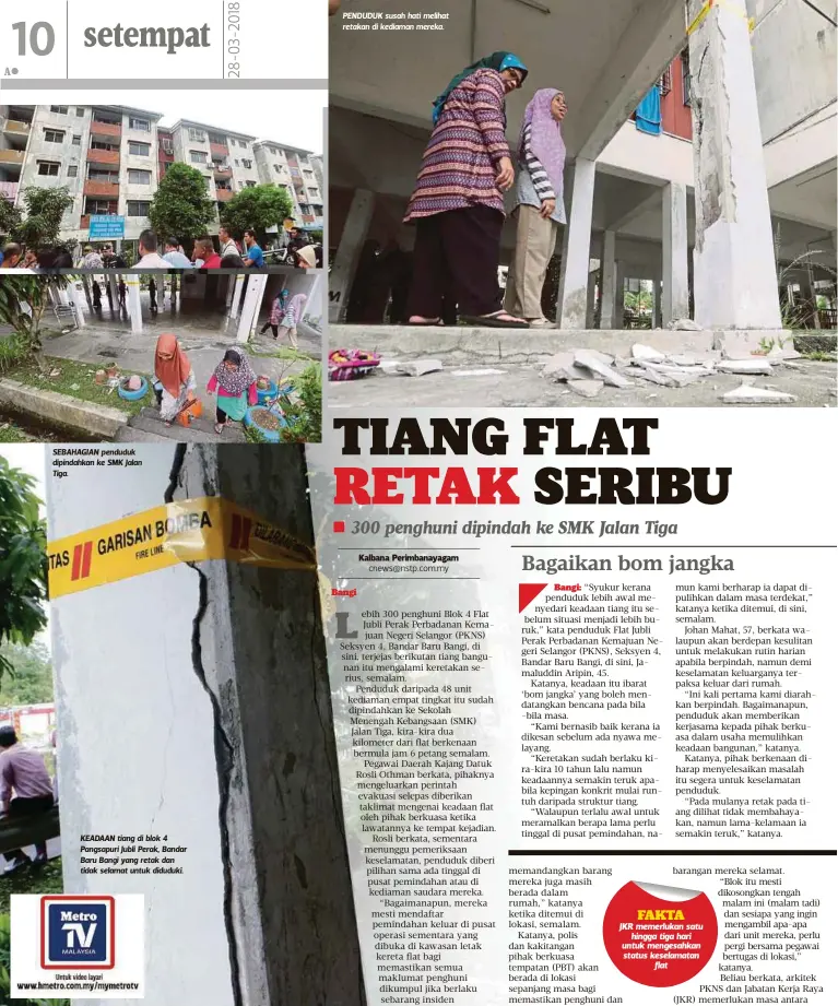  ??  ?? SEBAHAGIAN penduduk dipindahka­n ke SMK Jalan Tiga. KEADAAN tiang di blok 4 Pangsapuri Jubli Perak, Bandar Baru Bangi yang retak dan tidak selamat untuk diduduki. PENDUDUK susah hati melihat retakan di kediaman mereka.