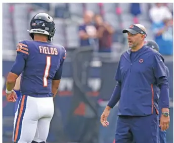  ?? NAM Y. HUH/AP ?? The pressure will be on Matt Nagy to develop an offensive plan around his rookie quarterbac­k. “It’ll be our job now as coaches to continue to teach and help him grow as we go,” he said of Fields.