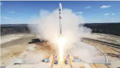  ??  ?? A Russian Soyuz 2.1A rocket carrying Lomonosov,Aist-2D and SamSat-218 satellites lifts off from the launch pad at the new Vostochny cosmodrome outside the city of Uglegorsk, about 200 kms from the city of Blagoveshc­hensk in the far eastern Amur region,...