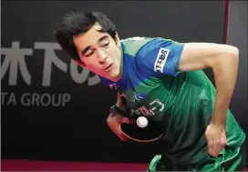  ?? ?? Hugo Calderano tosses the ball to serve as he competes Feb. 12 during a WTT tournament match in Kawasaki, Japan. Calderano, No. 5 in the sport’s ranking, has beaten many of the top Chinese players who dominate the game, including No. 1 Fan Zhendong.