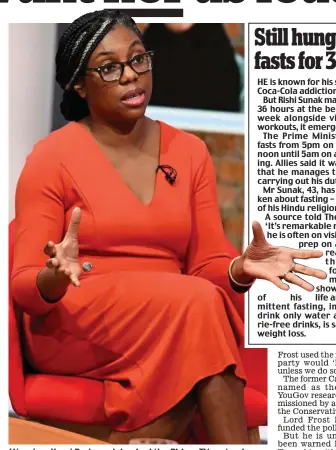  ?? ?? Warning: Kemi Badenoch backed the PM on TV yesterday