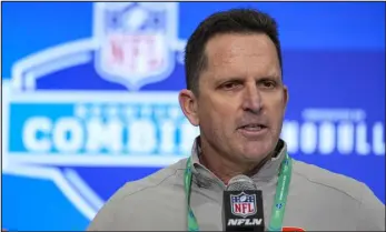  ?? MICHAEL CONROY — THE ASSOCIATED PRESS ?? Broncos general manager George Paton speaks during a press conference at the NFL scouting combine in Indianapol­is on Tuesday.