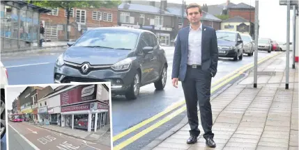  ??  ?? PLANS: Councillor Daniel Jellyman by the former bus lane on Wedgwood Street, Burslem. Inset, the bus lane in Tunstall High Street.