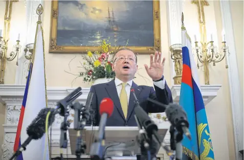  ??  ?? POISONED RELATIONS: Russian ambassador to the UK Alexander Yakovenko speaks about the Salisbury incident at a news conference at the Russian embassy in London.