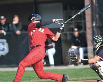  ?? KYLE FRANKO — TRENTONIAN PHOTO ?? Rutgers’ Nick Cimillo follows through on a swing against Rider during a NCAA baseball game at Sonny Pittaro Field in Lawrencevi­lle. The Scarlet Knights won a program-record 44games, but were one of the first four teams out of the NCAA Tournament.