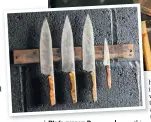  ??  ?? Blade runner: Ben Edmonds examines Xanthe’s ‘Nissan Micra’ of a knife; above, some of Ben’s wares