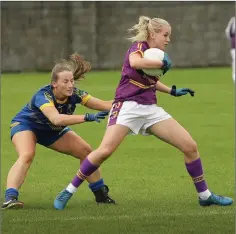  ??  ?? Wicklow’s Sarah Hogan battles with Wexford’s Siobhan Cloake.