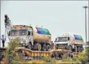  ?? PTI ?? Oxygen Express loaded with three containers of oxygen from Gujarat arrives at Navi Mumbai on Monday.