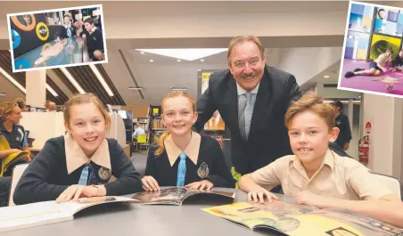  ??  ?? All Saints principal Patrick Wallas and students Zeba-Allen Ashton (Year 3), Emma Taylor (Year 7) and Roman Bilios (Year 5) are thrilled about the NAPLAN results. Inset: Some of the cutting-edge learning spaces at the school. Main picture: GLENN HAMPSON