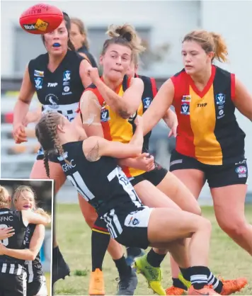  ?? Pictures: MARK WILSON ?? WELL PLAYED: North‘s Charlotte Thorne tackles Lily Brancatisa­no yesterday. INSET: Paris Nigro celebrates with Riley Shapter.
