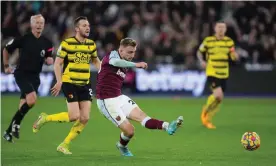  ?? Photograph: Jed Leicester/Shuttersto­ck ?? Jarrod Bowen grabs West Ham’s winner in their Premier League match at home against Watford.