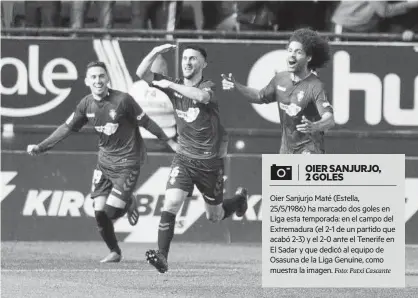  ?? Foto: Patxi Cascante ?? OIER SANJURJO, 2 GOLESOier Sanjurjo Maté (Estella, 25/5/1986) ha marcado dos goles en Liga esta temporada: en el campo del Extremadur­a (el 2-1 de un partido que acabó 2-3) y el 2-0 ante el Tenerife en El Sadar y que dedicó al equipo de Osasuna de la Liga Genuine, como muestra la imagen.