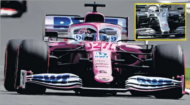  ??  ?? El Racing Point RP20 de Nico Hulkenberg, en Silverston­e. Arriba, el Mercedes W10 de Valtteri Bottas del año pasado. Los conductos de freno de ambos coches son idénticos.