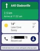  ??  ?? Android Auto home screen anticipate­s what you want.