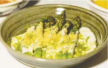  ??  ?? Dash & Dine pop-up features such intriguing dishes as asparagus with buttermilk sauce, chive oil, spruce tips and milk crumble, above, turmeric and kefir lime braised chicken, below, and haricot vert with goat cheese feta and fermented tomato dressing.