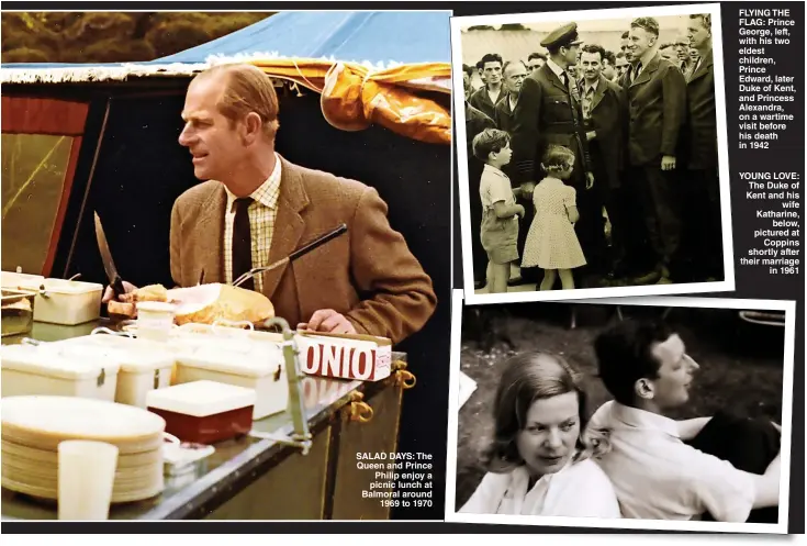  ?? ?? FLYING THE FLAG: Prince George, left, with his two eldest children, Prince Edward, later Duke of Kent, and Princess Alexandra, on a wartime visit before his death in 1942
YOUNG LOVE: The Duke of Kent and his wife Katharine, below, pictured at Coppins shortly after their marriage in 1961