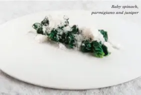  ??  ?? Baby spinach, parmigiano and juniper