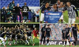  ??  ?? Clockwise from top left: Swansea celebrate their play-off place, West Brom toast promotion, Charlton face up to relegation and Barnsley enjoy a great escape. Composite: Getty Images, Shuttersto­ck