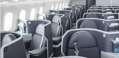  ??  ?? The business cabin, with direct-aisle access from each seat, on the new 787-9 Dreamliner at Dublin