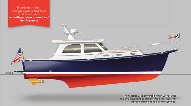  ??  ?? The Wasque 33 is powered by twin Volvo Penta IPS pod drives and is available with the traditiona­l Wasque soft top or as a sedan/flybridge.