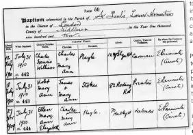  ?? ?? Jan’s thorough checking has revealed a mistake in this baptism register from 31 July 1910 regarding the parents of Ellen Mary Ann Elizabeth Playle