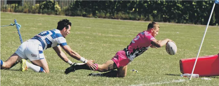  ??  ?? Tom Jenkinson, above bagging a try, was in scintillat­ing form as the Scarboroug­h Pirates beat Skirlaugh Bulls 30-16 in their Yorkshire Men’s Premier Division encounter at Eastway on Saturday