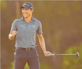  ?? MIKE EHRMANN/GETTY ?? PGA champion Collin Morikawa celebrates after winning the WGC Workday Championsh­ip by three strokes Sunday in Bradenton, Florida.