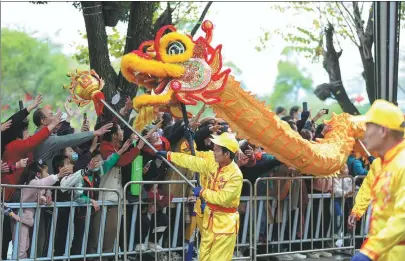  ?? ?? Dragon dance performers interact with spectators at a grand parade in Huizhou during the Lantern Festival on Feb 24.