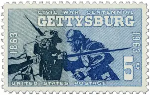  ??  ?? A USA 1963 commemorat­ive marking the Battle of Gettysburg which took place in July 1863. The battle was the most costly of the Civil War, in terms of casualties
Right: encased stamps were used as currency but the idea proved unpopular with retailers and the post office