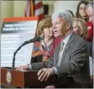  ?? SUBMITTED PHOTO ?? State Sen. Tom Killion, R-9, of Middletown, and Sen. Tom McGarrigle, R-26, of Springfiel­d discuss an anti-crime package of bills meant to help victims of domestic abuse that passed the Senate Wednesday.