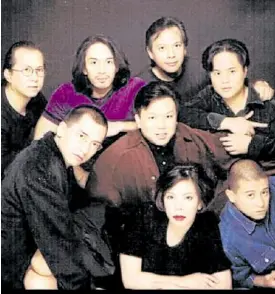  ??  ?? Mulatto at its peak in the mid-1990s (clockwise from top left): Musical director Jun Lacanienta, Rengie Galvez, Eddie Boy Recto, Alan Dichoso, Patrick Huit, Kearny Amarillo and Junnie Mangabat. Joey Bautista is at center.