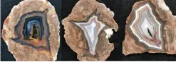  ??  ?? A selection of New Mexico thunderegg­s, including MineShaft and Lost Rabbit specimens, found and cut by the company.