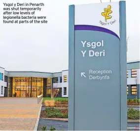  ?? ?? Ysgol y Deri in Penarth was shut temporaril­y after low levels of legionella bacteria were found at parts of the site