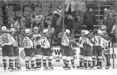  ?? TIMOTHY T. LUDWIG/USA TODAY SPORTS ?? The Colorado Avalanche celebrate a win over the Buffalo Sabres at KeyBank Center.